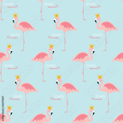 Cute Little Lovely Princess Seamless Pattern Background with Pink Flamingo Vector Illustration