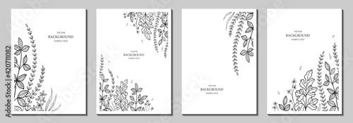 Botanical art. Floral vector templates with leaves, plants. Abstract natural elements. Plant print for holiday posters, greeting cards, backgrounds, covers, banners, invitations. Trendy design