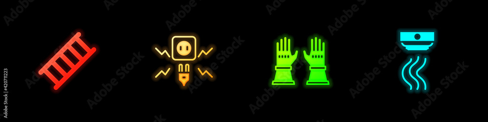 Obraz premium Set Fire escape, Electricity spark, Firefighter gloves and Smoke alarm system icon. Vector
