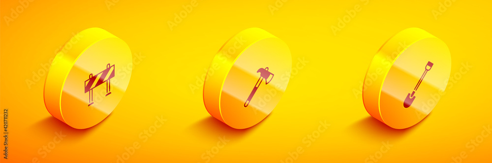 Set Isometric Road barrier, Firefighter axe and shovel icon. Vector Set Isometric Road barrier, Firefighter axe and shovel icon. Vector