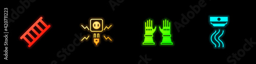 Set Fire escape, Electricity spark, Firefighter gloves and Smoke alarm system icon. Vector