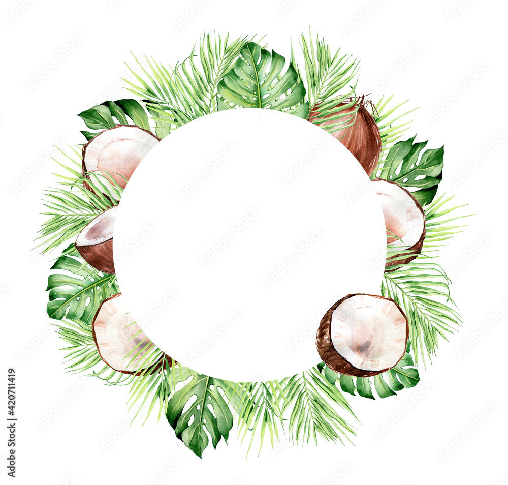 Coconut palm watercolor frame clipart, Modern tropical clipart coconut