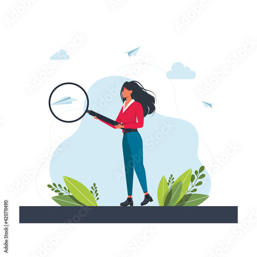 Young Woman holding and analyse with big magnifier glass. Girl with giant loupe. Businesswoman looking through magnifying glass. Searching new ideas.Vector cartoon illustration. Searching Information
