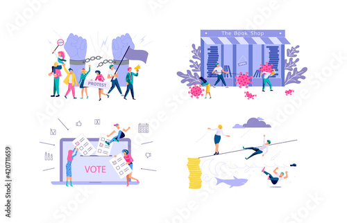 Set of business crisis and economic decline concepts