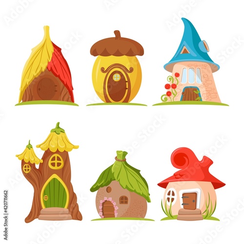 Cartoon gnome houses set on white. Fantasy fairy tale illustrations. Magic home. Vector