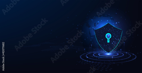 Cyber security design concept.Shield symbol on dark blue background.Illustrates cyber data security.Vector illustration 3D protection. 