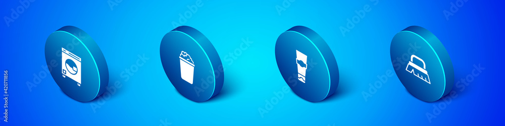 Set Isometric Washer, Tube of toothpaste, Brush for cleaning and Bucket with soap suds icon. Vector Set Isometric Washer, Tube of toothpaste, Brush for cleaning and Bucket with soap suds icon. Vector