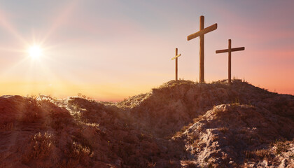 Crucifixion and Resurrection. Three crosses of Golgotha by sunset. Easter or Resurrection concept. He is Risen. Happy Easter.