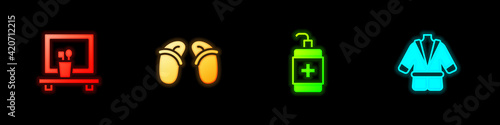 Set Washbasin mirror, Flip flops, Hand sanitizer bottle and Bathrobe icon. Vector