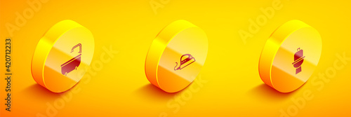 Set Isometric Bathtub, Electric iron and Toilet bowl icon. Vector