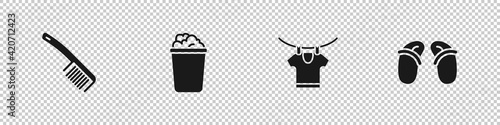 Set Hairbrush, Bucket with soap suds, Drying clothes and Flip flops icon. Vector