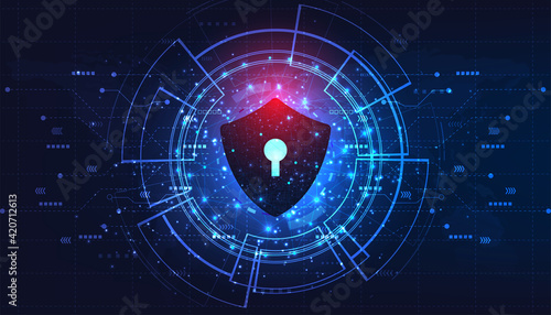 Internet security concept.Security of protect Internet computer virus attack with shield icon on Blue abstract background.