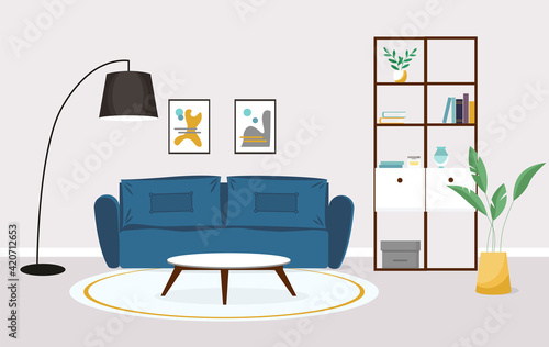 Modern living room interior. Vector banner. Design of a cozy room with a sofa, floor lamp and decor accessories