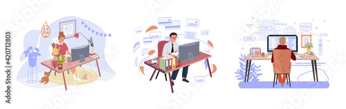 Creative worker using computer at home office flat vector illustration. Man and woman working at desktop. Remote work, web development, PHP and MySql, CMS, interface design, software testing, coding.