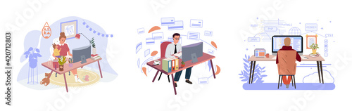 Creative worker using computer at home office flat vector illustration. Man and woman working at desktop. Remote work, web development, PHP and MySql, CMS, interface design, software testing, coding.