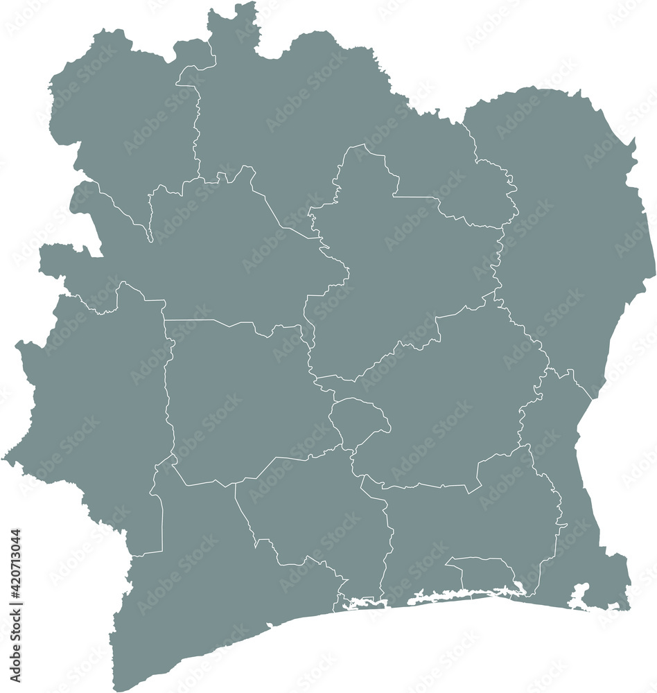 Gray vector map of the Republic of Ivory Coast (Côte d'Ivoire) with white borders of its districts Gray vector map of the Republic of Ivory Coast (Côte d'Ivoire) with white borders of its districts