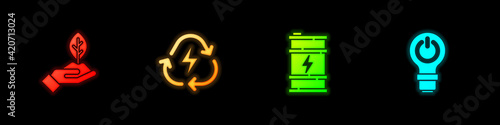 Set Plant in hand, Battery with recycle, Bio fuel barrel and Light bulb lightning icon. Vector