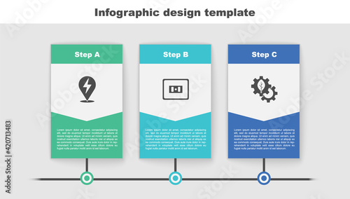 Set Lightning bolt, Electrical outlet and Leaf plant gear machine. Business infographic template. Vector