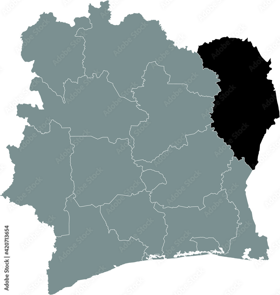 Fototapeta premium Black highlighted location map of the Ivorian Zanzan district inside gray map of the Republic of Ivory Coast (Côte d'Ivoire)