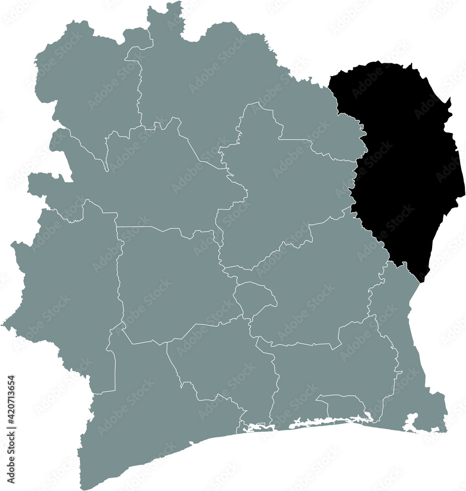 Black highlighted location map of the Ivorian Zanzan district inside gray map of the Republic of Ivory Coast (Côte d'Ivoire)