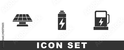 Set Solar energy panel, Battery and Electric car charging station icon. Vector