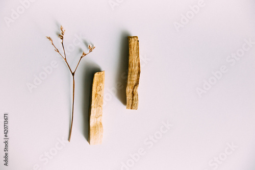 Natural incense White Sage and Palo Santo. Sacred tree of South America, color square photo.White Sage and Palo Santo on white background. photo