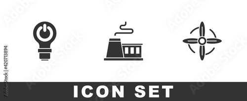 Set Light bulb with lightning, Factory and Wind turbine icon. Vector