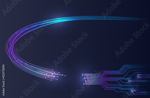 Optical fiber with information flow. Abstract vector illustration of optical fiber with printed circuit board technology in the digital information space. A blank for creativity.