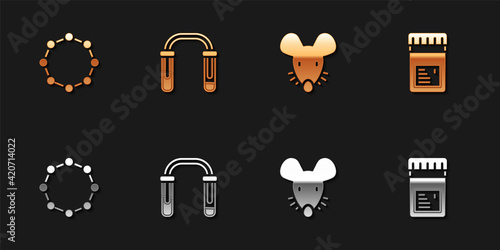 Set Chemical formula, Test tube and flask, Experimental mouse and Jar with additives icon. Vector