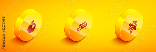 Set Isometric Genetically modified apple, Electronic scales and Cell icon. Vector