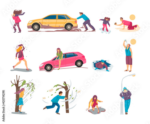 Natural disasters, severe weather conditions snowfall, strong wind. People flee from stormy winds, take shelter from hurricanes, from falling hail, freeze from cold, die in desert from heat