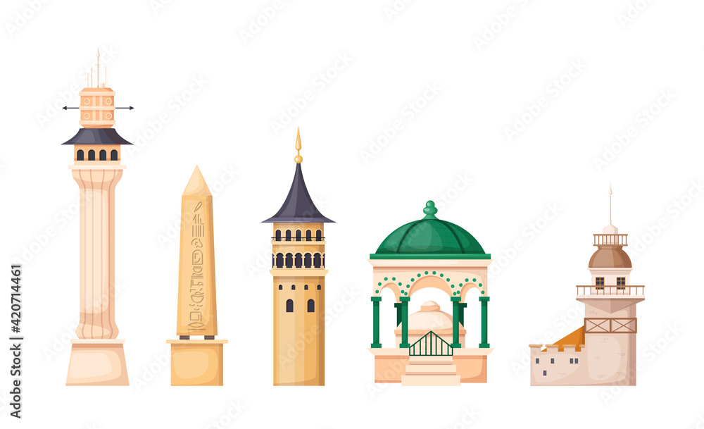 Turkey country buildings landmarks. Beyazit, tower, Maiden Tower, Egyptian obelisk in Istanbul. Famous landmark Galata tower in Istanbul. German fountain of Istanbul on Sultanahmet Square
