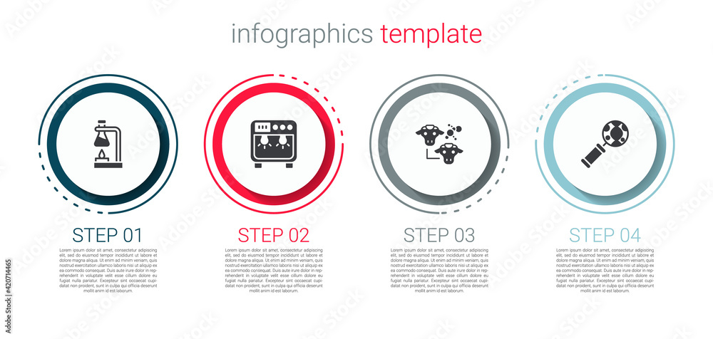 Set Test tube flask on fire, Biosafety box, Cloning and DNA research, search. Business infographic template. Vector Set Test tube flask on fire, Biosafety box, Cloning and DNA research, search. Business infographic template. Vector