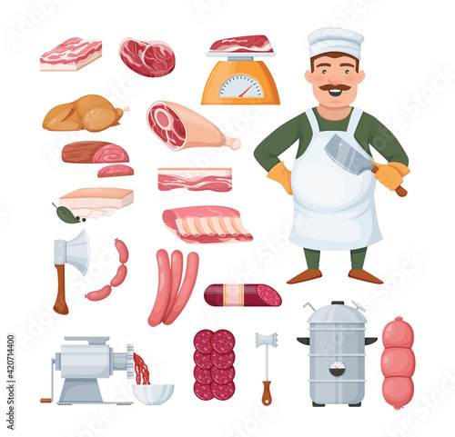 Butcher man in uniform, kitchen accessories for cutting and meat fresh steaks. Meat-grinder, knives, hammer, hatchet. Sausages, cervelat, meat steak, salami, bacon, fried chicken cartoon