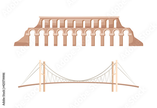 Turkey country landmarks. Famous landmark Bosphorus bridge in Istanbul. Bridge connecting Europe and Asia. Roman aqueduct major water-providing system of Eastern Roman capital of Constantinople