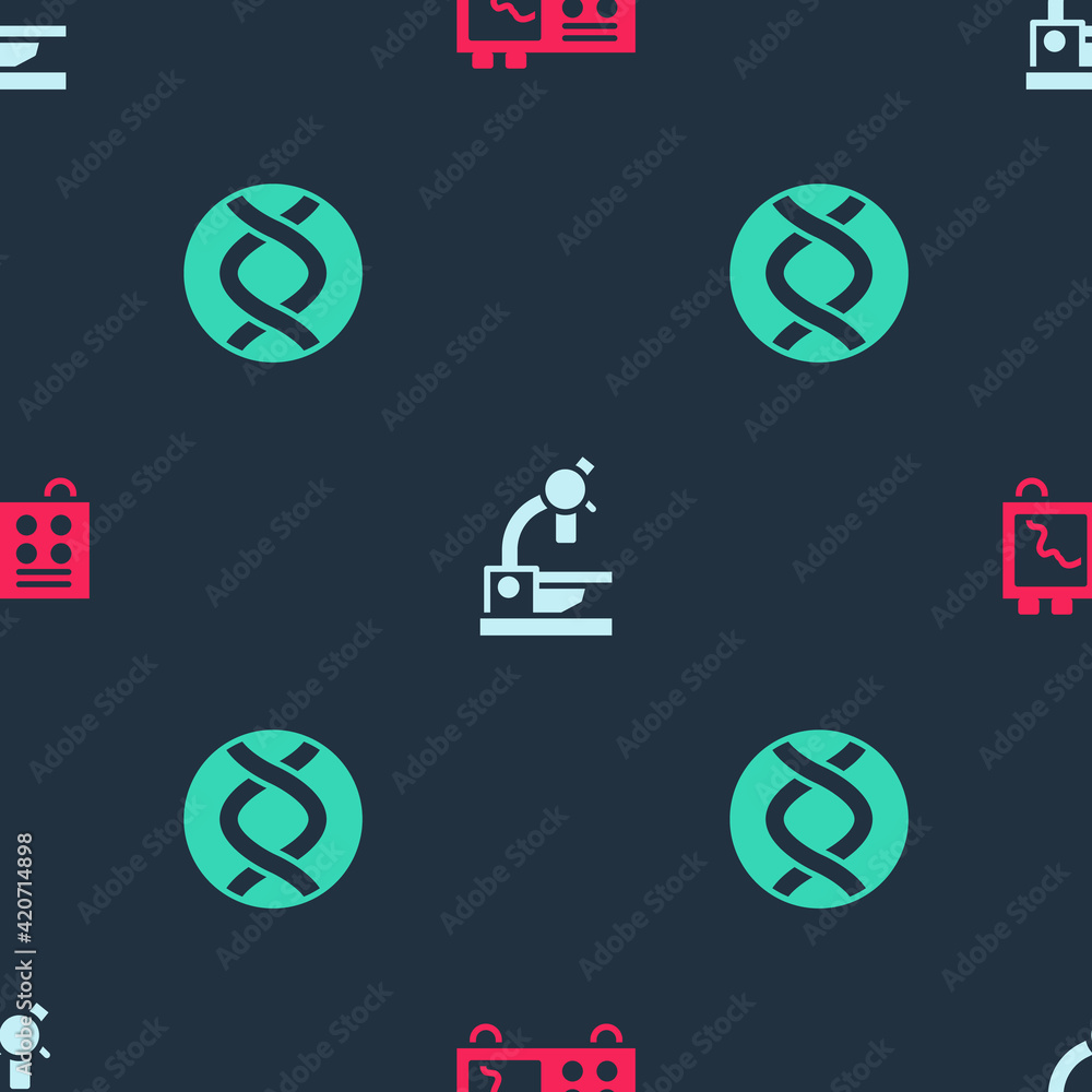 Set Spectrometer, Microscope and DNA symbol on seamless pattern. Vector Set Spectrometer, Microscope and DNA symbol on seamless pattern. Vector