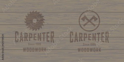 Colored illustration of a circular saw, axes, text on a background with a wooden texture. Vector illustration for emblem, label, badge. Advertising of carpenter services. Carpentry workshop. Woodwork.