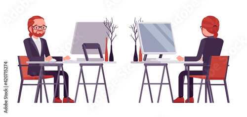 Businessman, red haired office worker sitting working with computer. Manager in smart formal wear, administrative person, employee. Vector flat style cartoon illustration isolated, white background