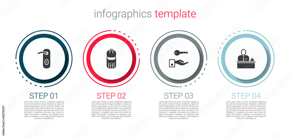 Set Door handle, Trash can, Hotel door lock key and reception desk. Business infographic template. Vector Set Door handle, Trash can, Hotel door lock key and reception desk. Business infographic template. Vector