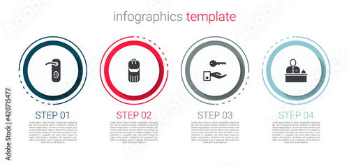 Set Door handle, Trash can, Hotel door lock key and reception desk. Business infographic template. Vector