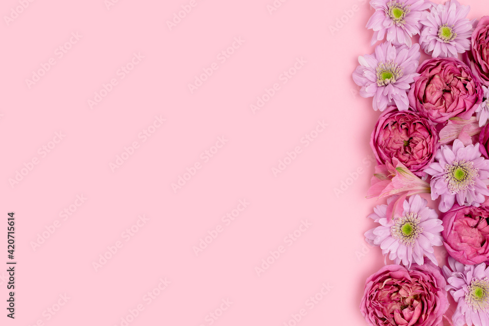 Frame made of rose and aster flower texture on a pink background with copyspace. Springtime composition. Greeting card concept.