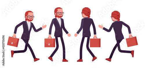 Businessman, young red haired office worker walking, running. Manager in smart formal wear, administrative person, corporate employee. Vector flat style cartoon illustration isolated, white background