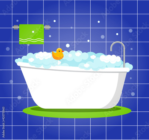 Bathtub with foam and floating duck toy. Vector illustration. Bathroom interior with white bath and flying bubbles. 