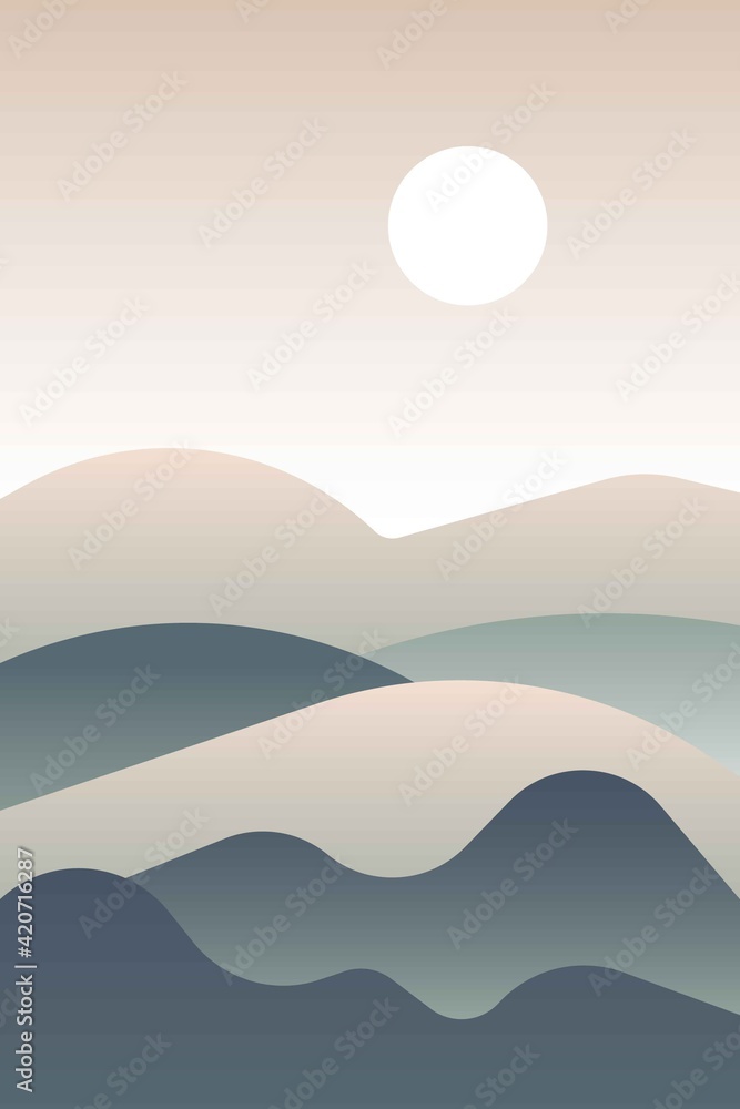 Landscape with Japanese wave. Beige, green gray and white. Mountains and hills. Sandy dunes. Graphic design. Nature and ecology. Vertical orientation. Template for social media, post cards and posters