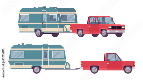 Camper trailer red car with covered wagon, family camping trip. Vehicle, transport and sleeping accommodation, traveling motor home. Vector flat style cartoon illustration isolated, white background