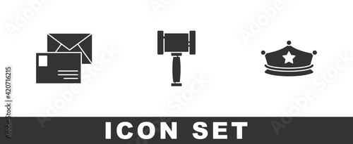 Set Envelope, Judge gavel and Police cap with cockade icon. Vector