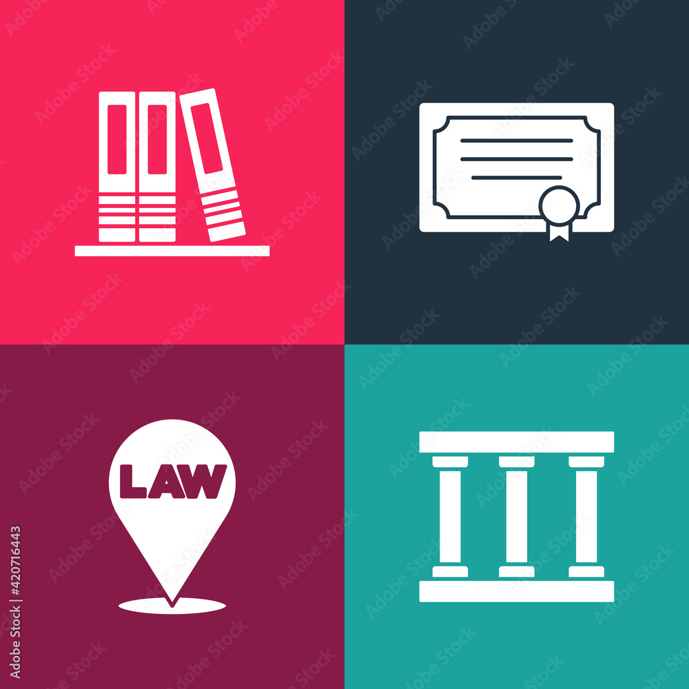 Set pop art Prison window, Location law, Certificate template and Office folders icon. Vector Set pop art Prison window, Location law, Certificate template and Office folders icon. Vector