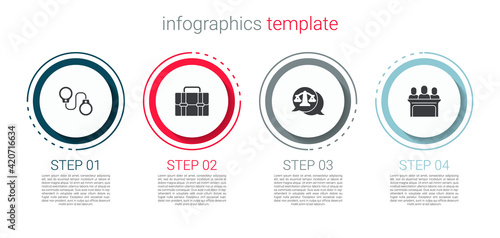 Set Handcuffs, Briefcase, Scales of justice and Jurors. Business infographic template. Vector