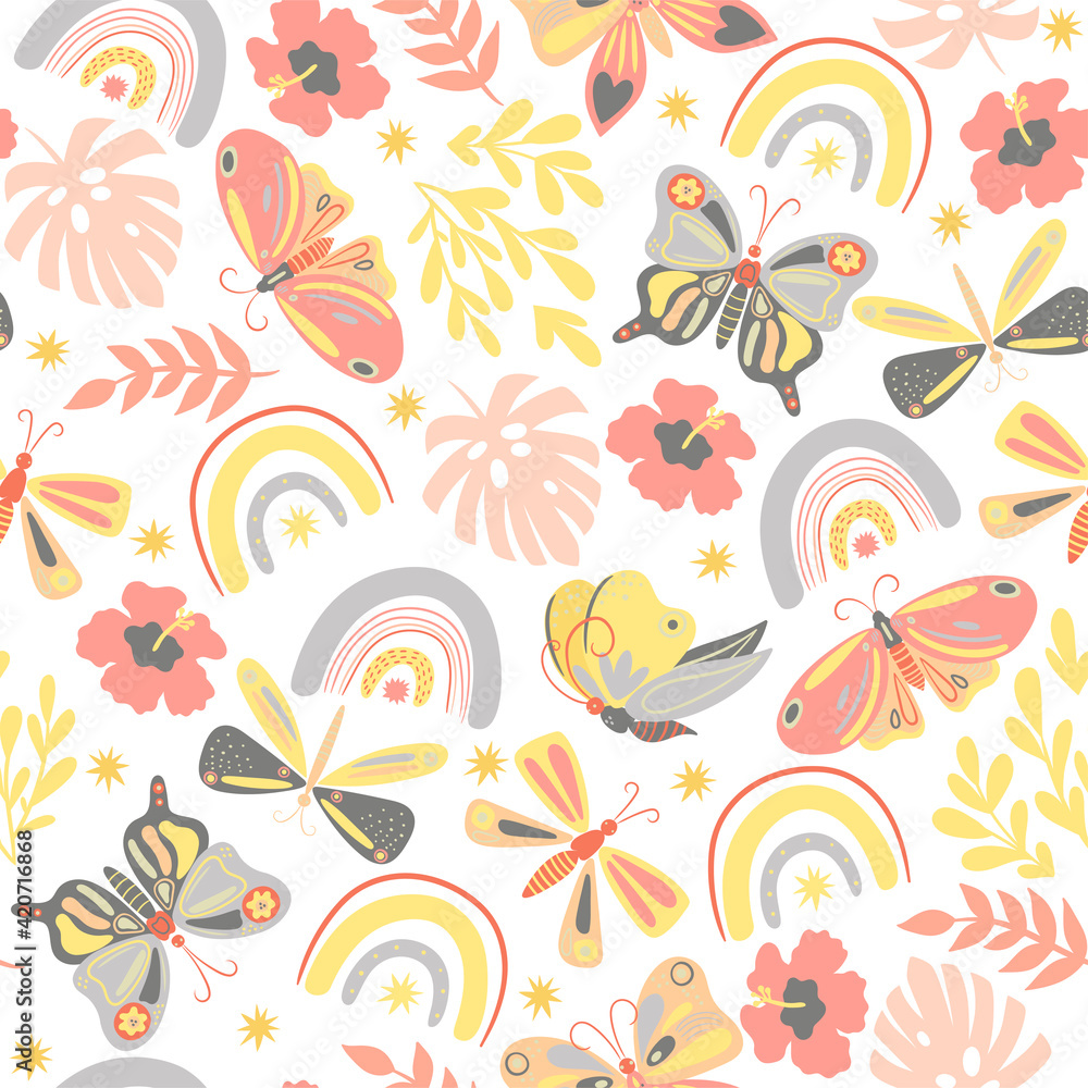 Seamless pattern of butterflies and rainbows in boho style. Vector graphics. Vector graphics. Seamless pattern of butterflies and rainbows in boho style. Vector graphics. Vector graphics.