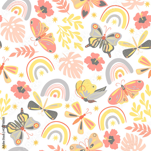Seamless pattern of butterflies and rainbows in boho style. Vector graphics. Vector graphics.
